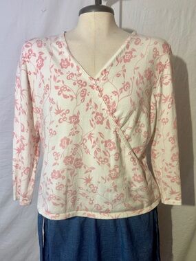 Harold’s Pink & White Surplice Neck Long Sleeve Top XL (see measurements)